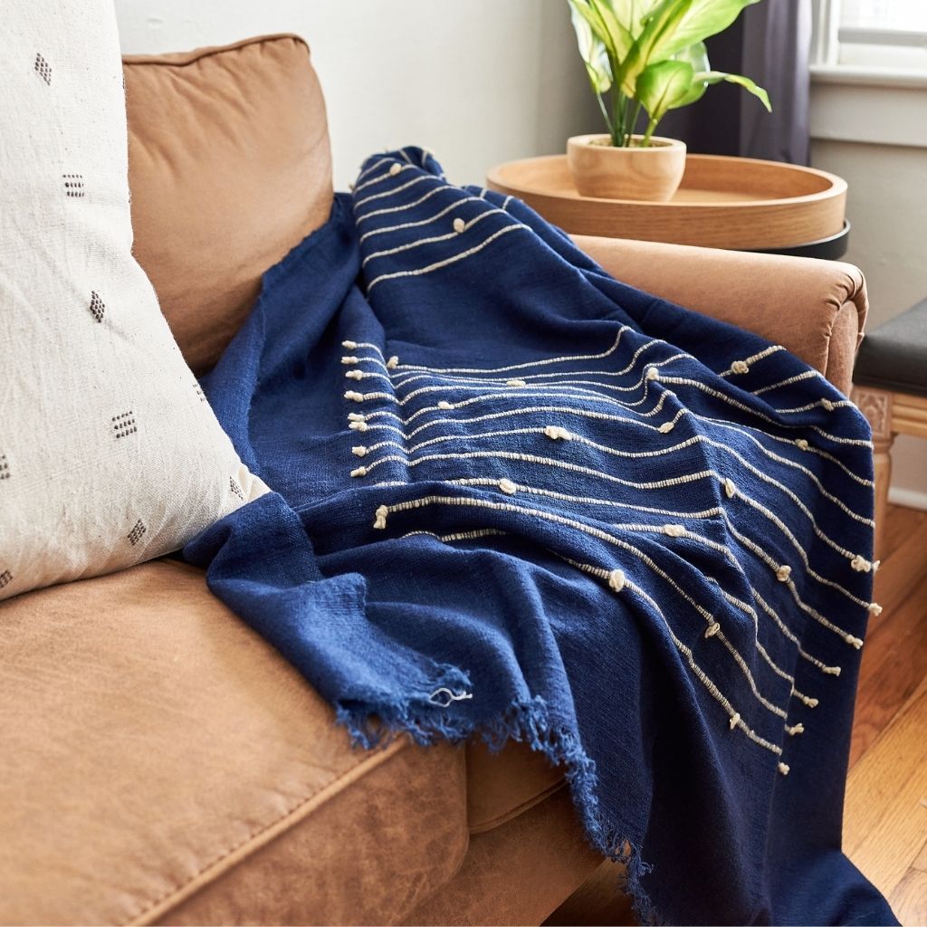 Rosewood Indigo With Hand Knotted Stripes Handloom Merino Throw