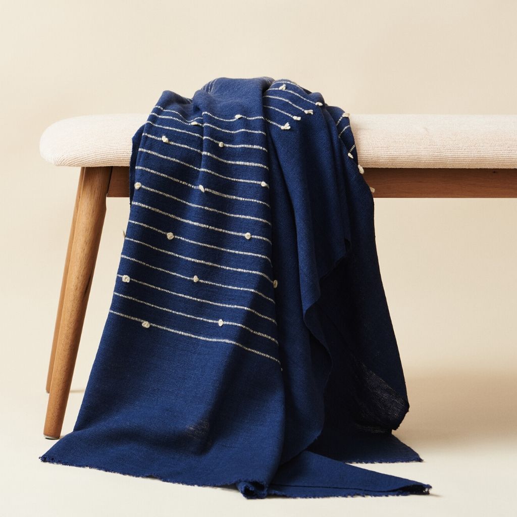 Rosewood Indigo With Hand Knotted Stripes Handloom Merino Throw